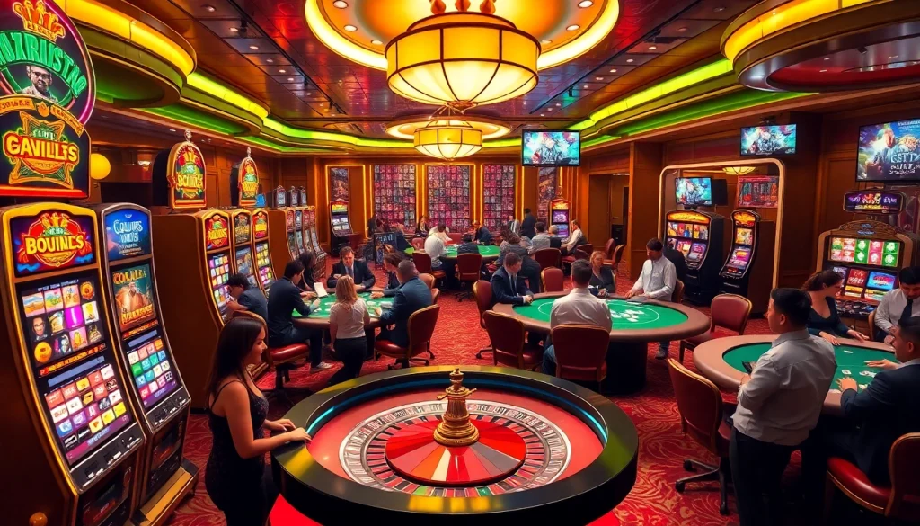 Players enjoying the excitement of layarkaca21-themed casino with colorful slot machines and card tables.