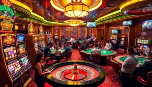 Players enjoying the excitement of layarkaca21-themed casino with colorful slot machines and card tables.