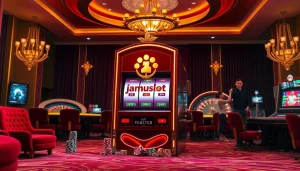 Play exciting games at jamuslot alternatif with vibrant slot machines and casino atmosphere.