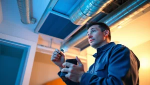 Performing duct cleaning and HVAC inspection by a skilled technician in a home setting.