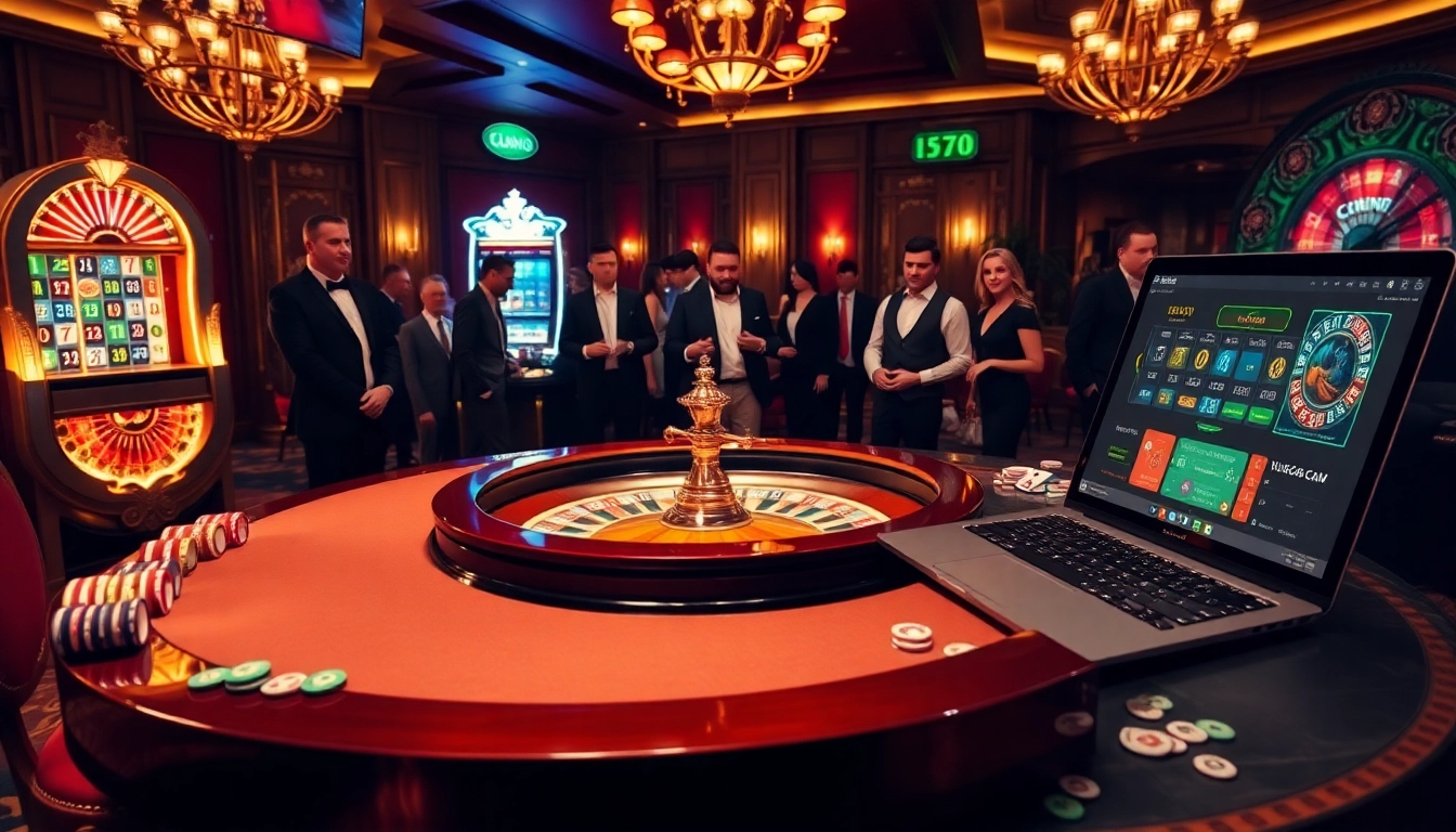 Découvrez l'excitation du meilleur casino en ligne avec des joueurs vibrants autour d'une table de roulette luxueuse.