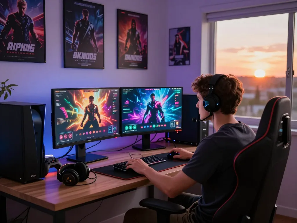 Engaging scene of a person playing AI porn games in an immersive gaming setup, with vibrant graphics and RGB lighting.