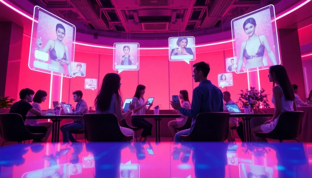 Engaging nsfw ai chat in a futuristic digital café with avatars and holographic displays.