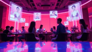 Engaging nsfw ai chat in a futuristic digital café with avatars and holographic displays.