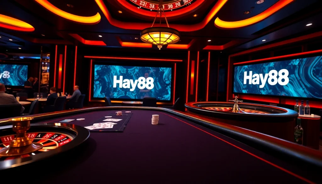 Players engaged in high-stakes poker at Hay88 casino with vibrant table and chips.
