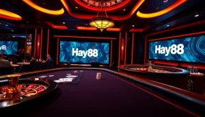Players engaged in high-stakes poker at Hay88 casino with vibrant table and chips.