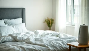 静かな寝室で加湿器とハーブティーを添え、風邪を一晩で治す方法の効果を伝える写真。