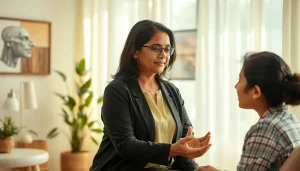 Engaging session on psychiatry in India with a therapist and client in a warm, inviting office.