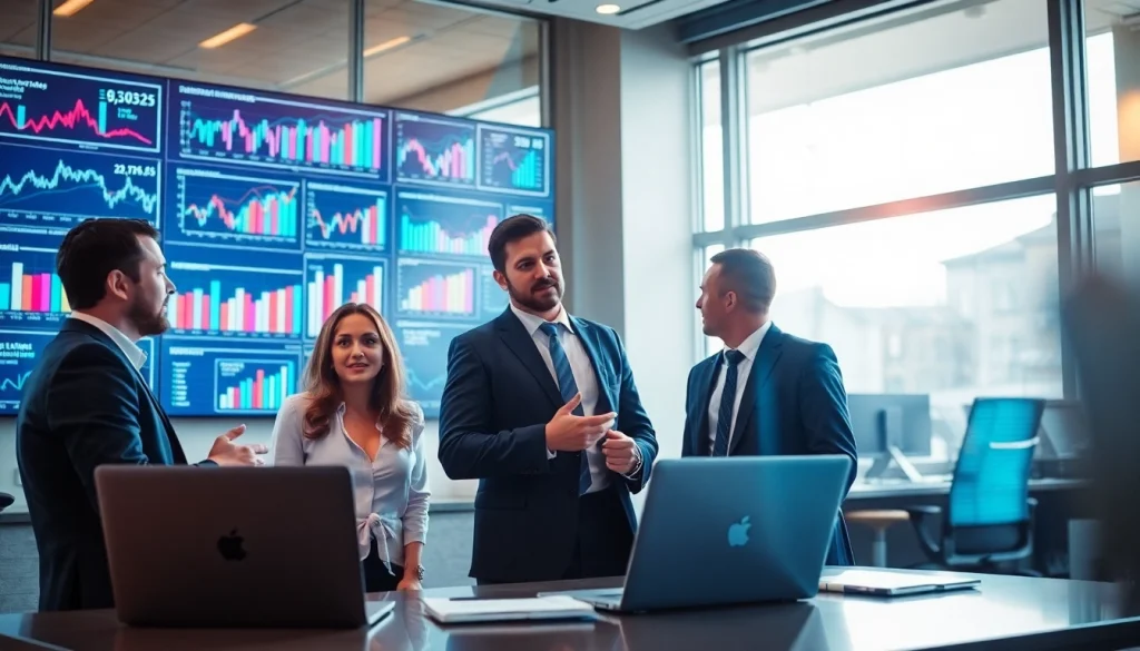 Engaged professionals analyzing b2b competitive intelligence data in a modern office.