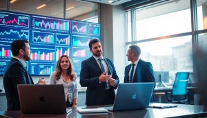 Engaged professionals analyzing b2b competitive intelligence data in a modern office.