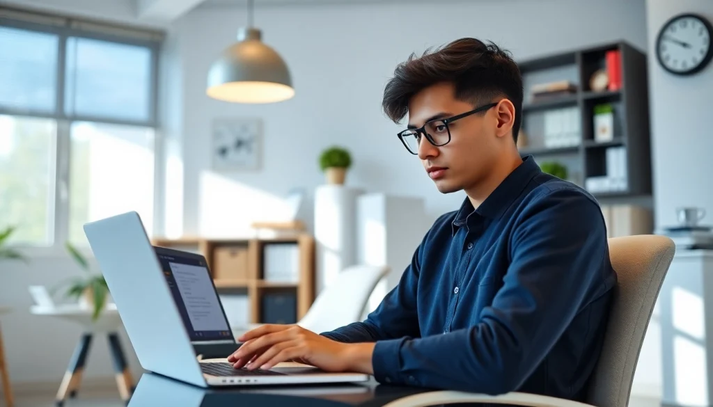 Engaged student using remote exam assistance in a professional setting, focused on the laptop screen.