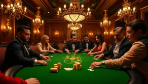 Experience high-stakes poker action at Luck8 com with elegant players and luxurious casino decor.