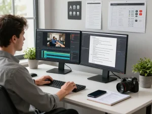 Video to prompt ai user analyzing video content on dual monitors in a modern workspace.