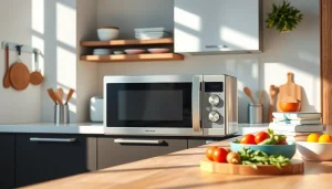 Enhance microwave oven sales with a modern kitchen featuring a sleek microwave, utensils, and fresh ingredients.