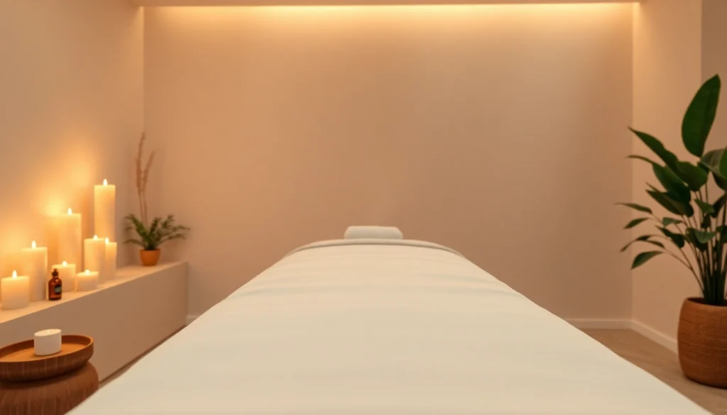 편안함과 웰빙을 촉진하는 고요한 분위기의 마사지 치료실.