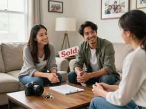 Sell my house fast for cash in a warm, inviting living room during a negotiation.