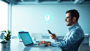 现代办公环境中多设备连接的快连 VPN 示意图。