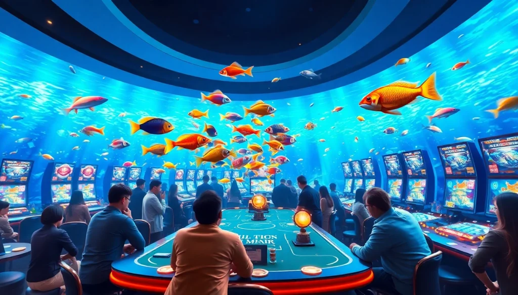 Bắn cá đổi thưởng table featuring players focused on shooting colorful fish for real rewards in an immersive casino scene.