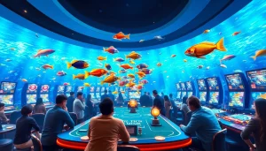 Bắn cá đổi thưởng table featuring players focused on shooting colorful fish for real rewards in an immersive casino scene.