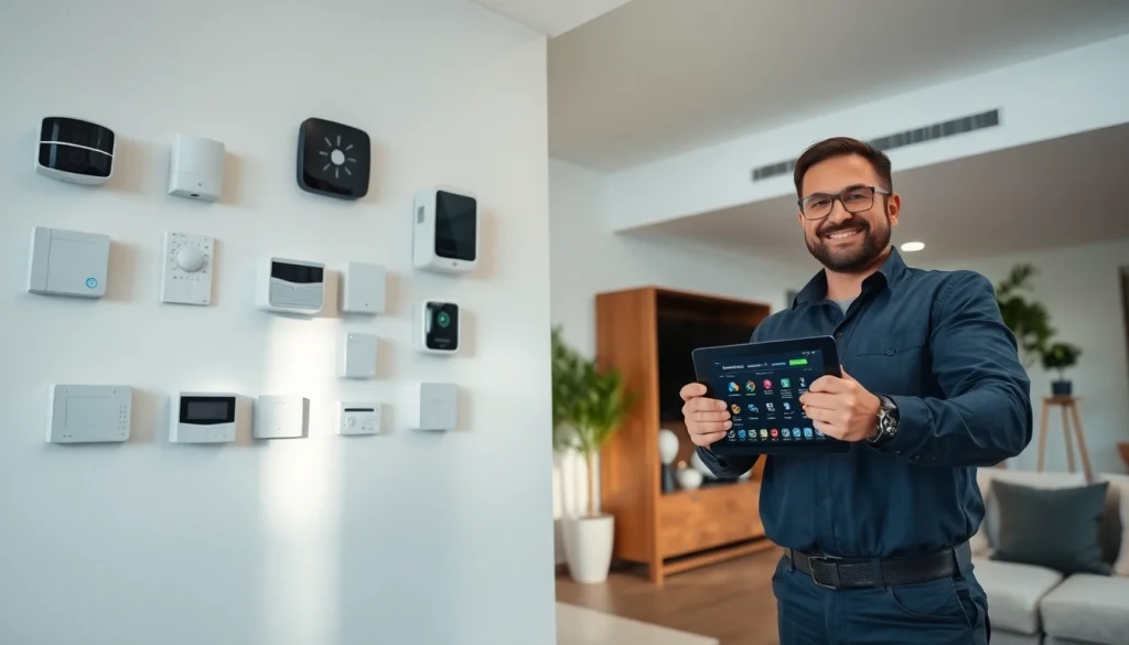 Instalación innovadora de alarmas de seguridad en una sala de estar moderna realizada por un técnico profesional.