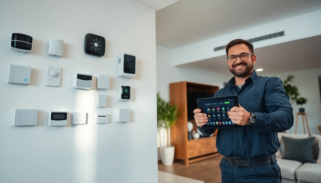 Instalación innovadora de alarmas de seguridad en una sala de estar moderna realizada por un técnico profesional.