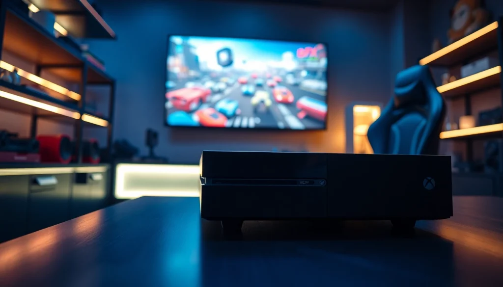 Xbox w nowoczesnym pokoju gier z podświetleniem i dużym ekranem.