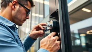 Enhancing business Security in the Ladue, Missouri with a locksmith installing advanced locking systems.