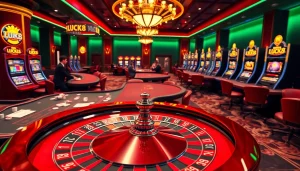 LUCK8 casino scene featuring excited players at roulette and poker tables.