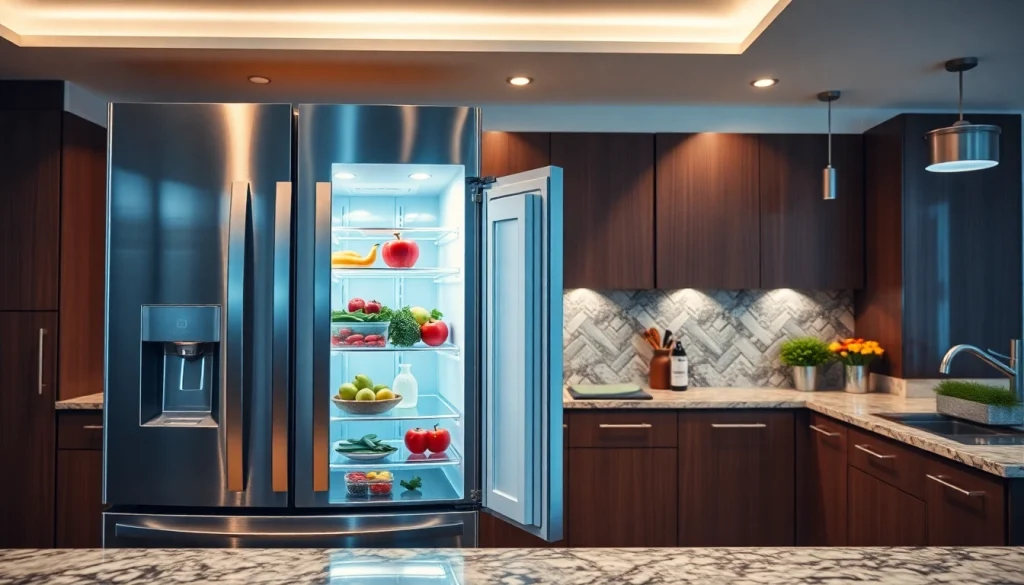 A spacious refrigerator displaying fresh produce, set in a modern kitchen.