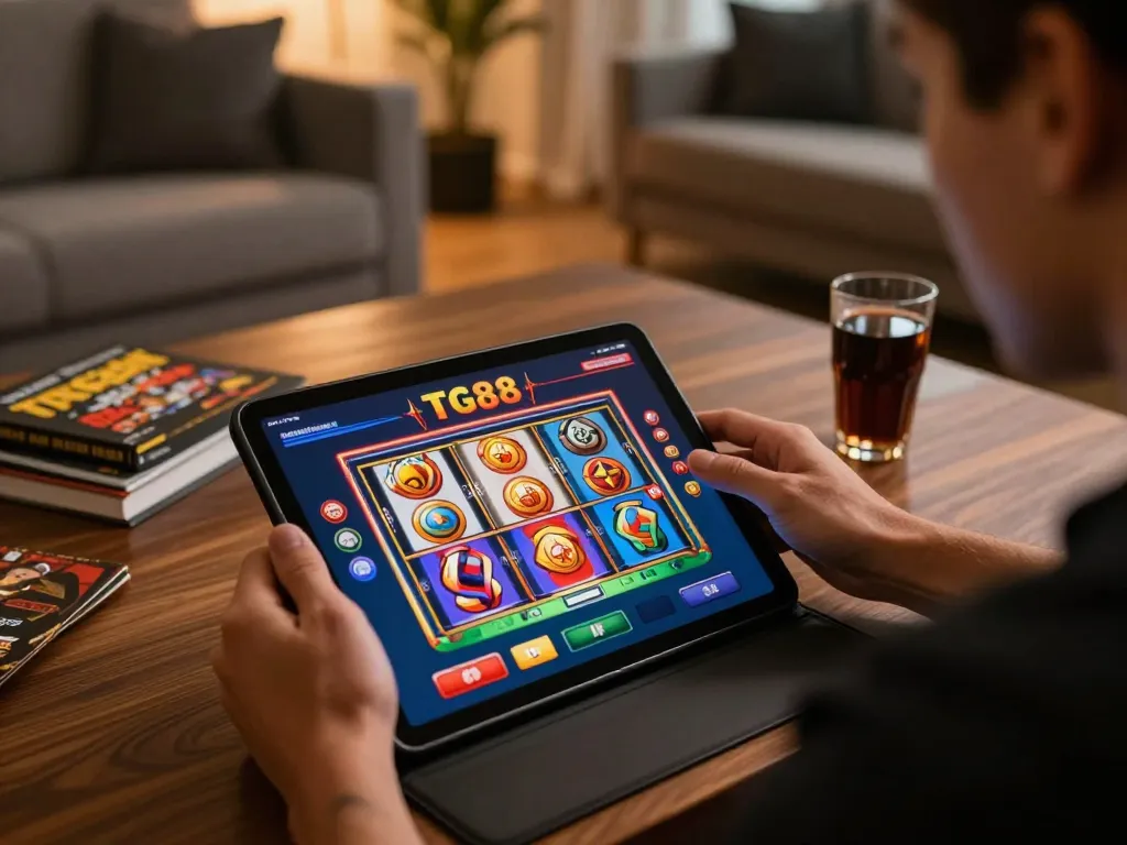 Player engaging with the TG88 casino app on a tablet in a cozy home setting.