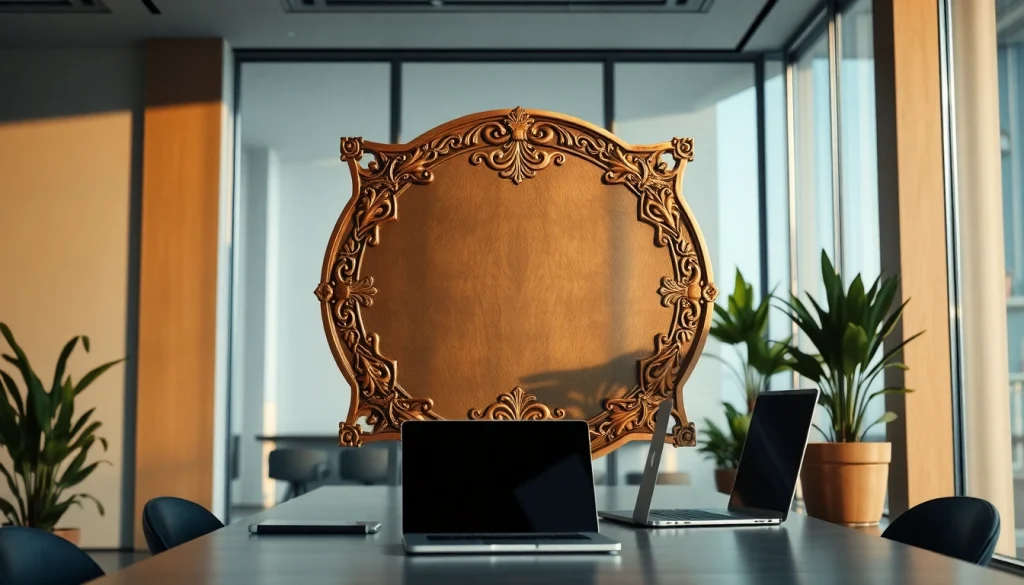 Placa bronz frumos lucrată, expusă într-un birou modern, arătând detalii intricate și lux.