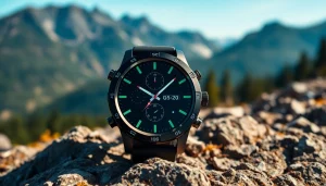 Showcase the Explorer GPS Smart Watch in an outdoor adventure setting highlighting its features.