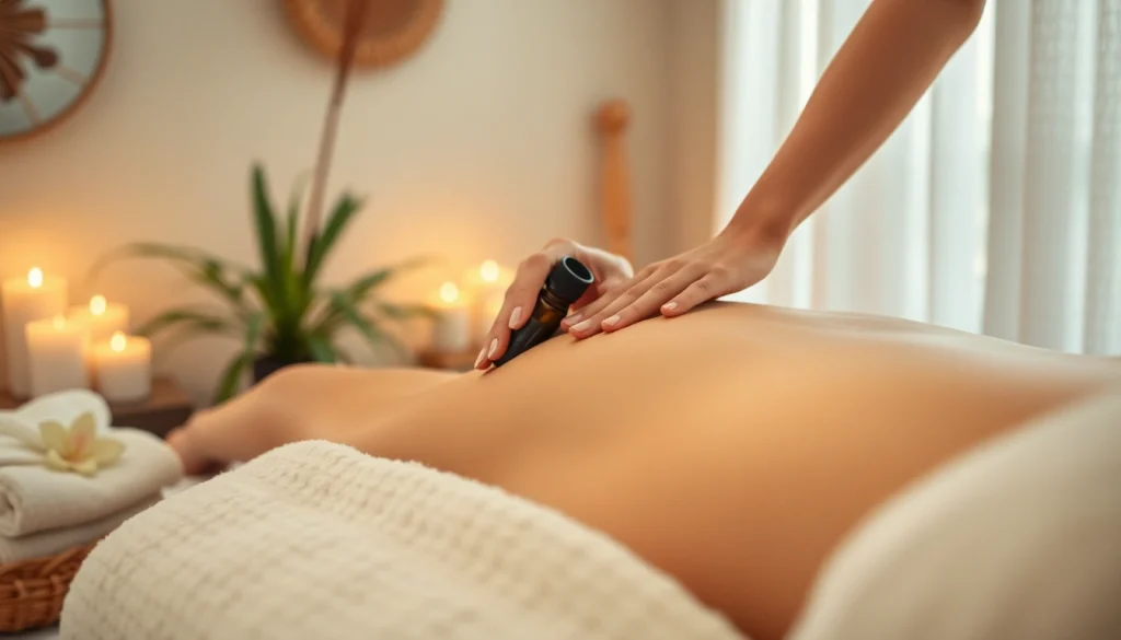 편안한 색상과 분위기가 있는 고요한 스파 환경에서의 마사지 치료 세션.