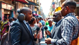 Engaging scene of Kenya News journalism in Nairobi, featuring a journalist and locals.