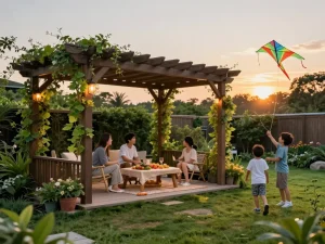 Family enjoying time under a custom pergola configurator, highlighting outdoor comfort and design.