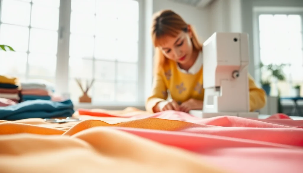 Katoen stof voor kleding verspreid op een naaiwerkplek met scharen en spelden.