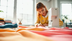 Katoen stof voor kleding verspreid op een naaiwerkplek met scharen en spelden.