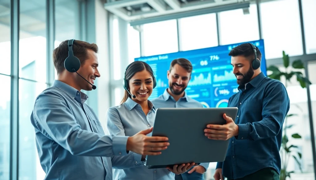 IT support services team collaborating on a project in a modern office.