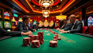 Permainan poker yang intens di meja kasino mewah yang menampilkan branding KIT4D Link dan suasana yang hidup.