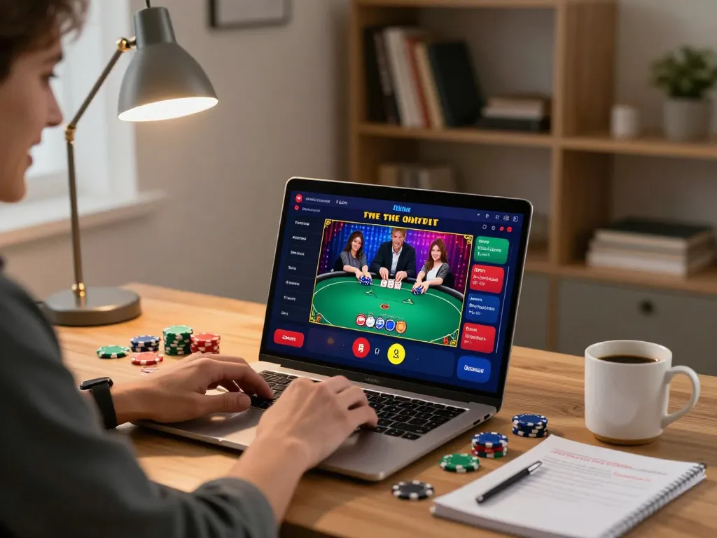 Engaging poker gameplay on vipwin app with vibrant interface in stylish home office setting.