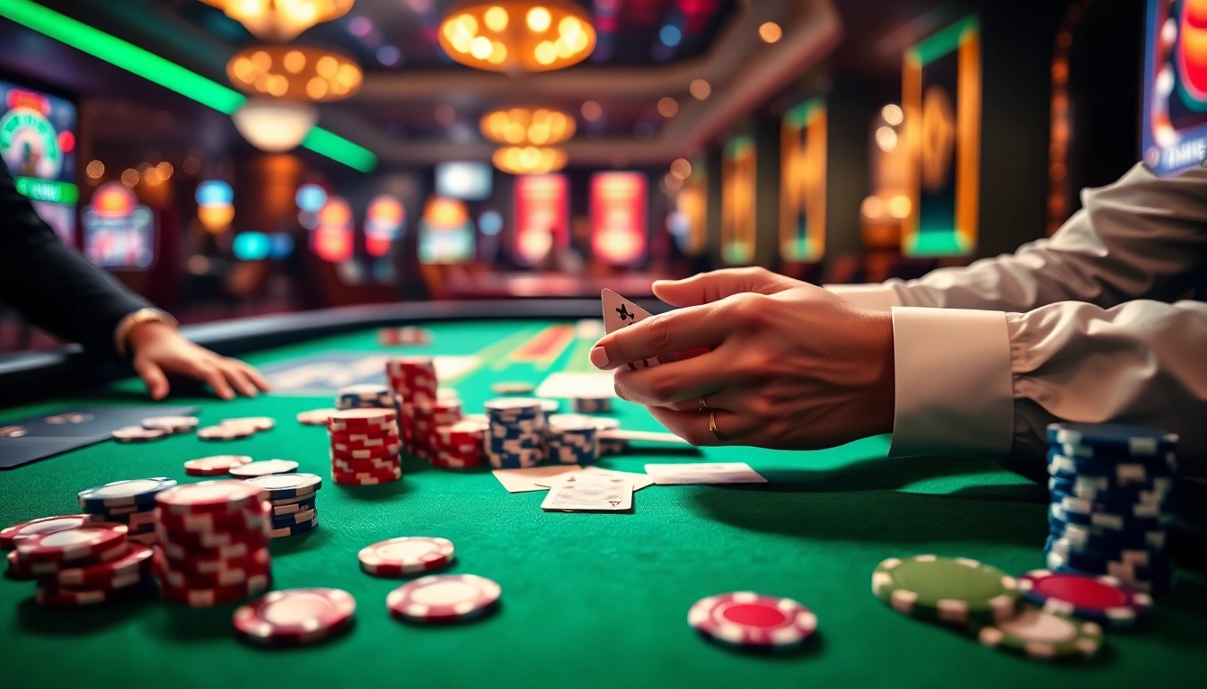 Spielen Sie Casino mit einem lebendigen Tisch voller Farben und Pokerchips.