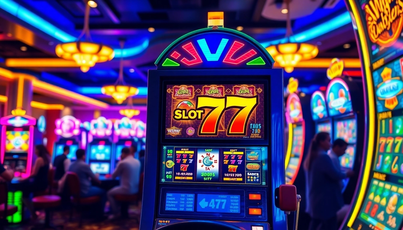 Slot77 memikat pemain dengan mesin slot berwarna-warni dan suasana kasino yang meriah.