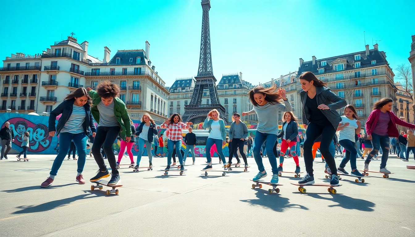 Skate class paris featuring students learning in vibrant urban setting.