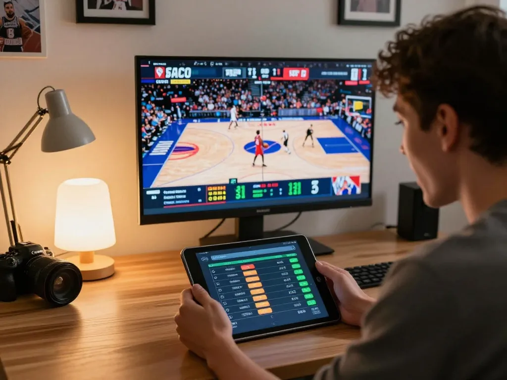 Player making live bets on sports at rr88 with a tablet and game in the background.
