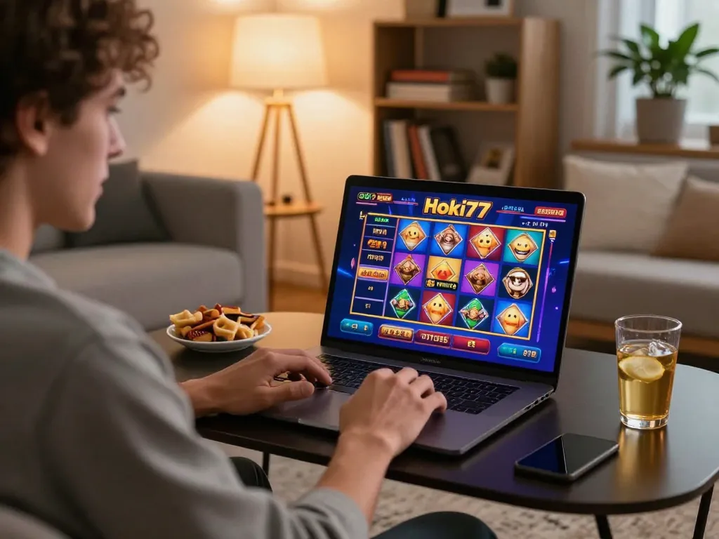 Pemain yang terlibat menjelajahi kasino online hoki77 di laptop dalam suasana rumah yang nyaman.