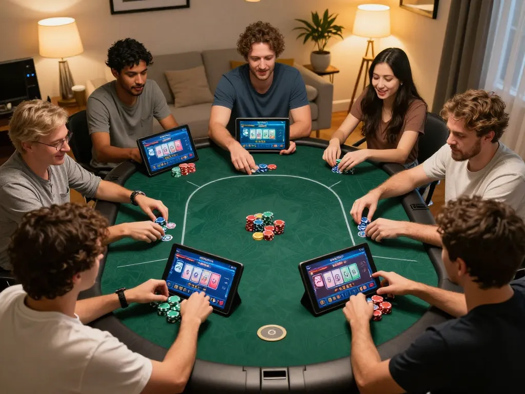 Players enjoying online poker at home via the 388bet platform, showcasing strategy and excitement.