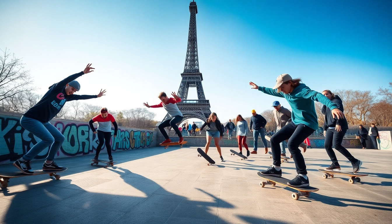 Engaged skaters participating in a Skate class paris session against a vibrant Eiffel Tower backdrop.