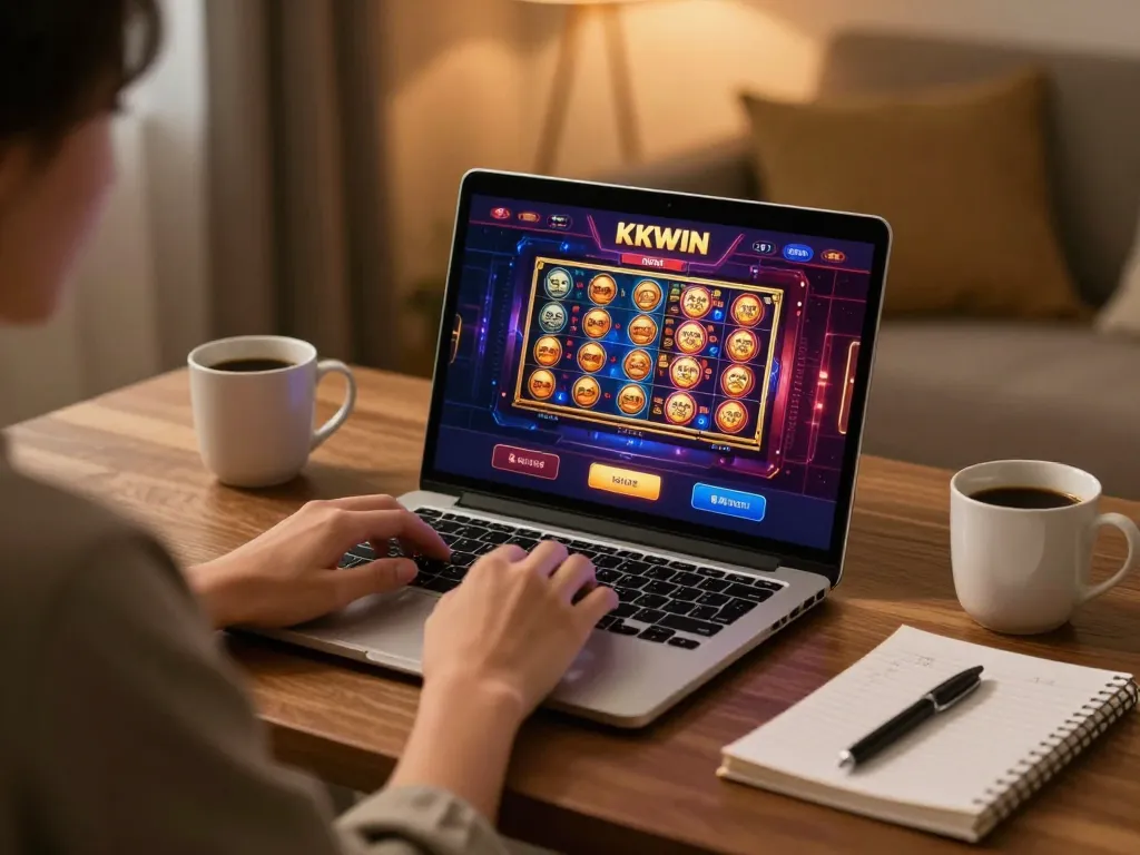 Engaging with kkwin casino app for slots, featuring a cozy home gaming setup.