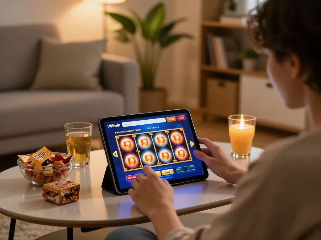 Engaging gameplay with 789win link mới for slot machines in a cozy home setting.