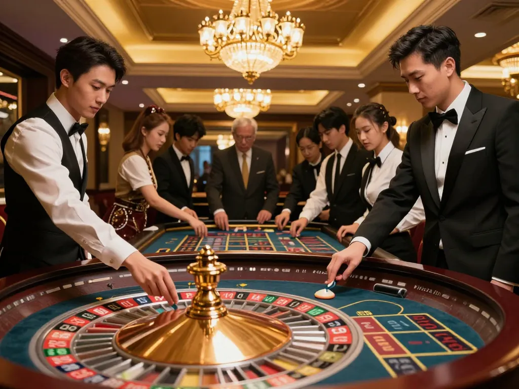 SUN WIN players placing bets on a spinning roulette wheel in an exhilarating casino atmosphere.